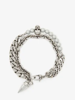 Men's Pearl And Skull Stud Bracelet in ><noscript><img width=