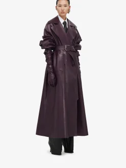 Women's Cocoon Sleeve Leather Trench Coat in ><noscript><img width=