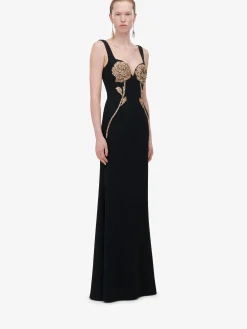 Women's Gold Rose Embroidery Evening Dress in ><noscript><img width=