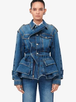 Women's Patch Pocket Peplum Denim Jacket in ><noscript><img width=