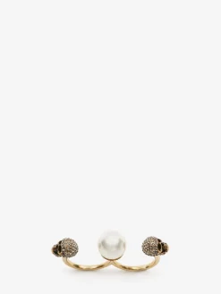 Women's Pearl Skull Double Ring in ><noscript><img width=