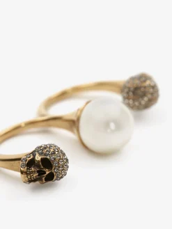 Women's Pearl Skull Double Ring in ><noscript><img width=