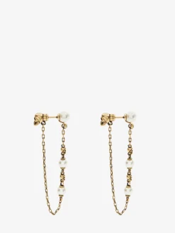 Women's Pearl Skull Drop Chain Earrings in >Alexander McQueen Store